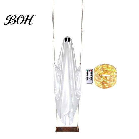 Dynamic Swing Ghost with Purple Light Hanging Halloween Decoration Remote Control & LED String Lights, Waterproof Scary Secret Room Decorations Decor