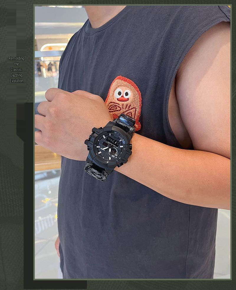 Мужские наручные часы для выживания на открытом воздухе с двойным дисплеем, спасательной веревкой, огнивом, свистком и компасом