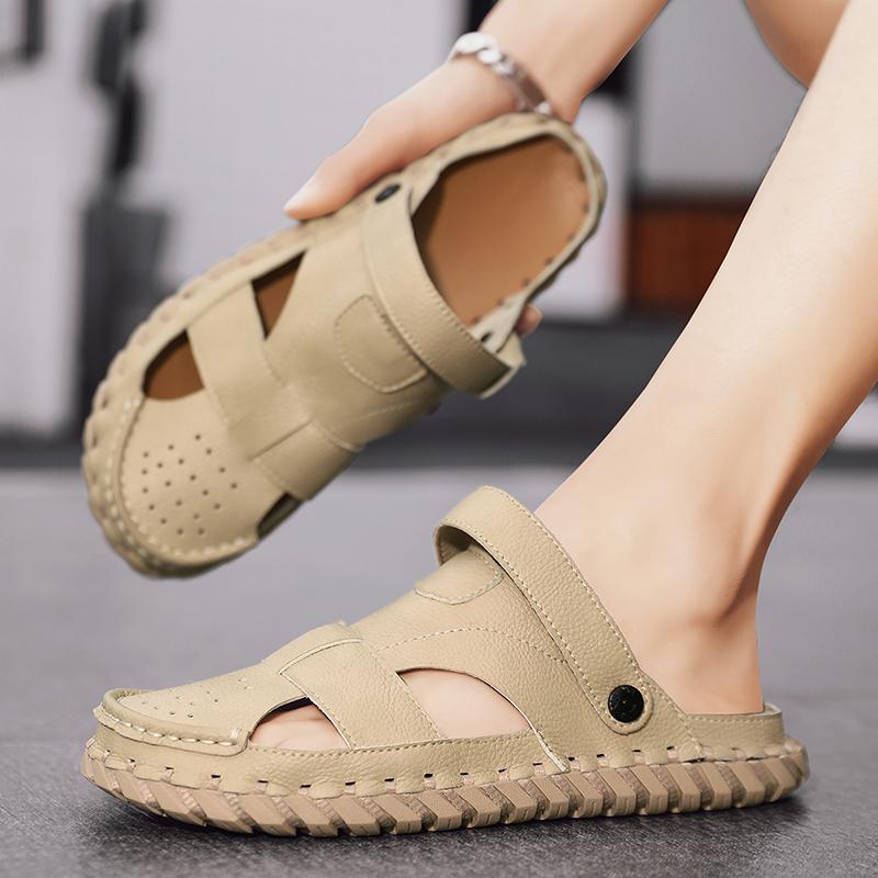 Men's Sandals Solid Black and Khaki Leather Men Summer Shoes Casual Comfortable Open Toe Sandals Soft Beach Footwear Male Shoes