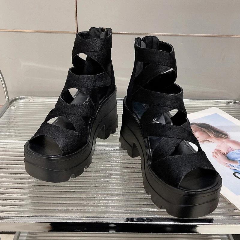 Fashion Women Shoes 2025 New Summer Square Heel Sandals Round Head Hollow-out Suede Back Zipper Waterproof Shoes for Women High Heels