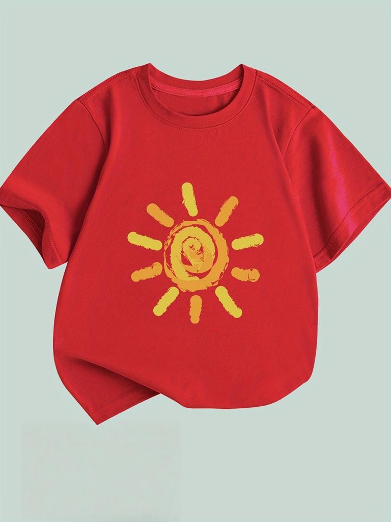 Футболка с коротким рукавом с принтом солнца в стиле масляной живописи, повседневного и простого стиля, подходит для детской повседневной носки и выхода в свет.