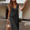 Summer Women Lapel V Neck Shirt Dress Sleeveless Single Breasted Pockets Solid Color Midi Dress Streetwear