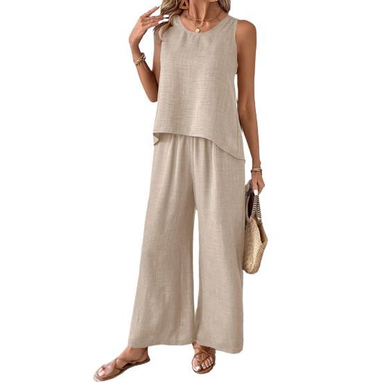 Женский комплект из двух предметов для отдыха, летний топ без рукавов с вырезом сзади и широкие брюки, повседневная одежда для отпуска и путешествий