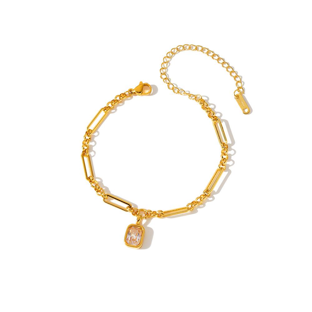 New Minimalist Square Design Zircon-set 18k Gold-plated Stainless Steel Bracelet Fashionable Trendy Versatile Accessory