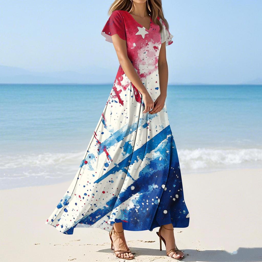 Женские летние повседневные модные платья с принтом ко Дню независимости, платья с коротким рукавом и V-образным вырезом