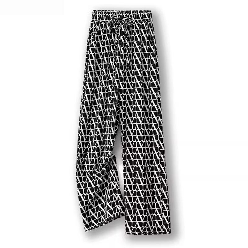 Женские летние брюки из ледяного шелка в клетку с широкими штанинами - Черно-белые с прямыми штанинами