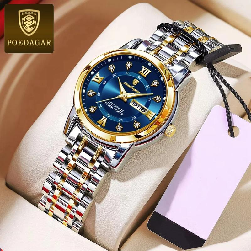 POEDAGAR Женские наручные часы Роскошные кварцевые женские часы Водонепроницаемые нержавеющая сталь Светящиеся женские часы с датой и неделей