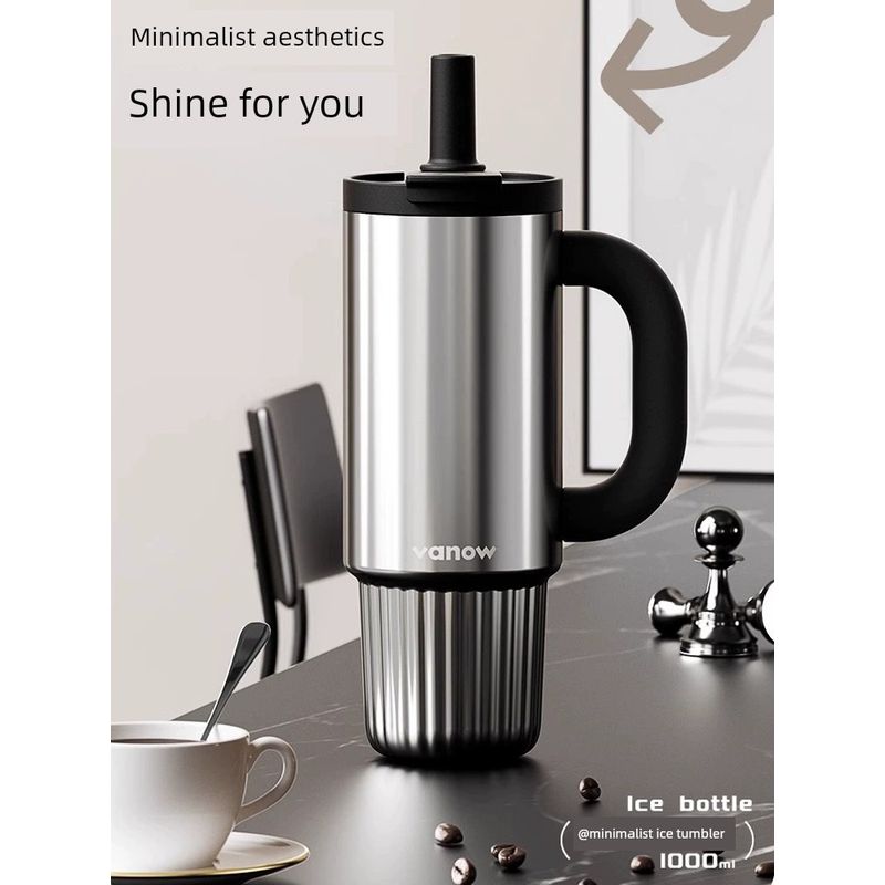 British Vanow Large-Capacity Thermos Cup for Men and Women, Simple Solid Color Ceramic Inner Tube, Straw, Ice Cup
