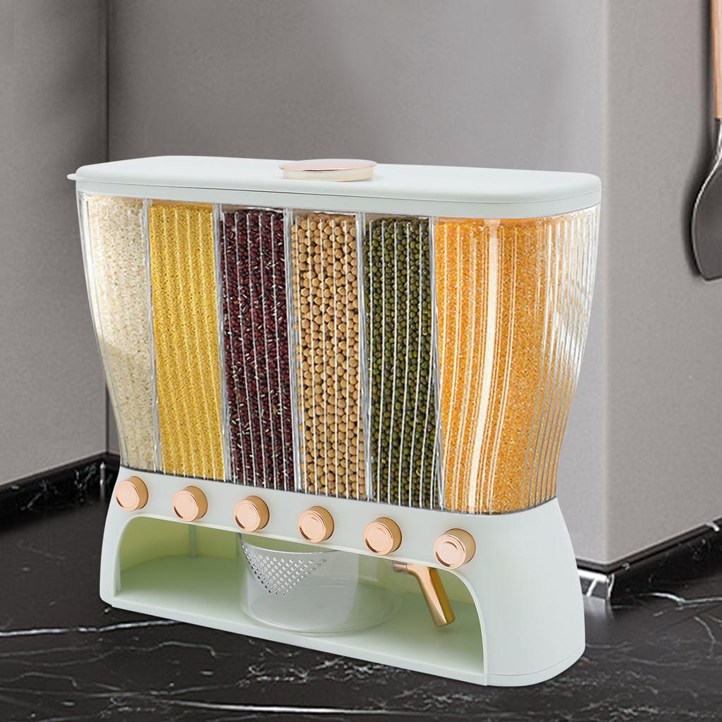 6-Grid Rice Storage Bin, Light Green Multigrain Container - 10kg Capacity, ABS Material - Dry Food Dispenser & Grain Organizer