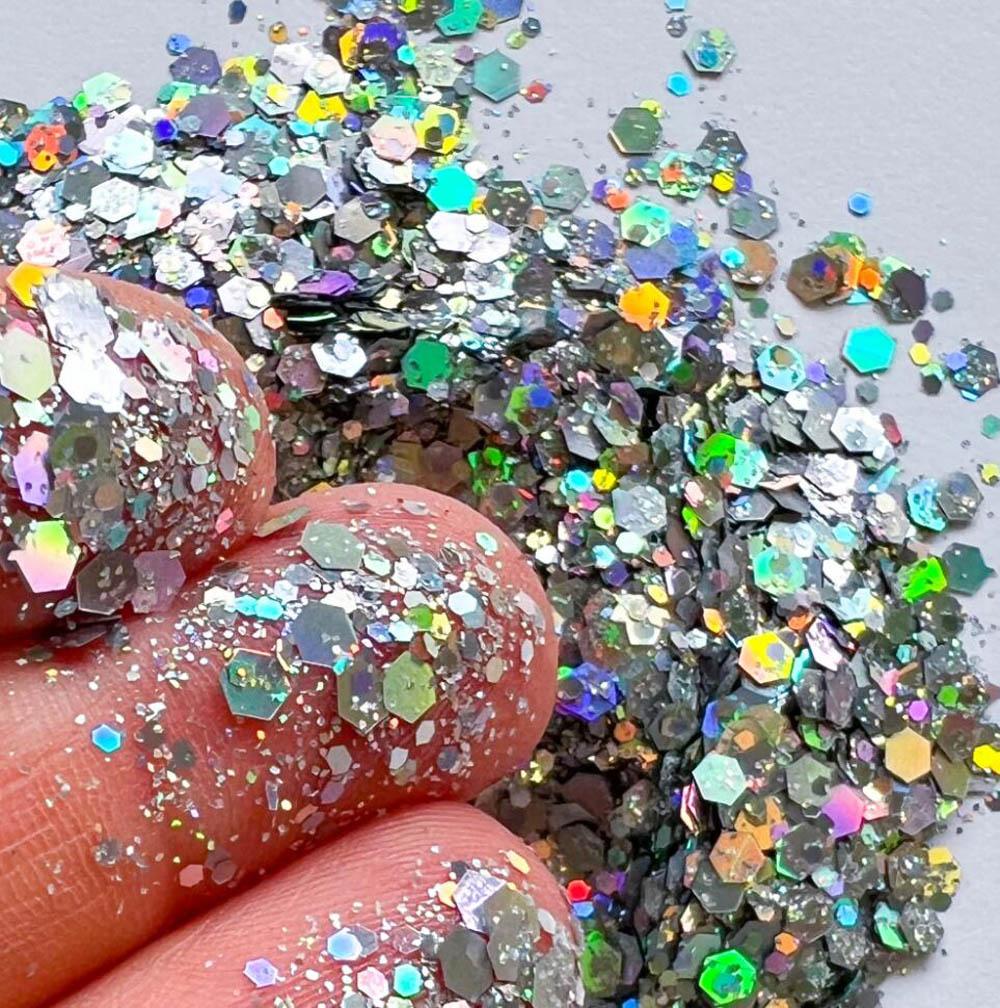 50g/bag Holographic Silver Chunky Glitter Sequins 0.2/1/2.5 Ultra-Thin Mixed Hexagon Nail Flakes Face Make Up Nail Art Glitter