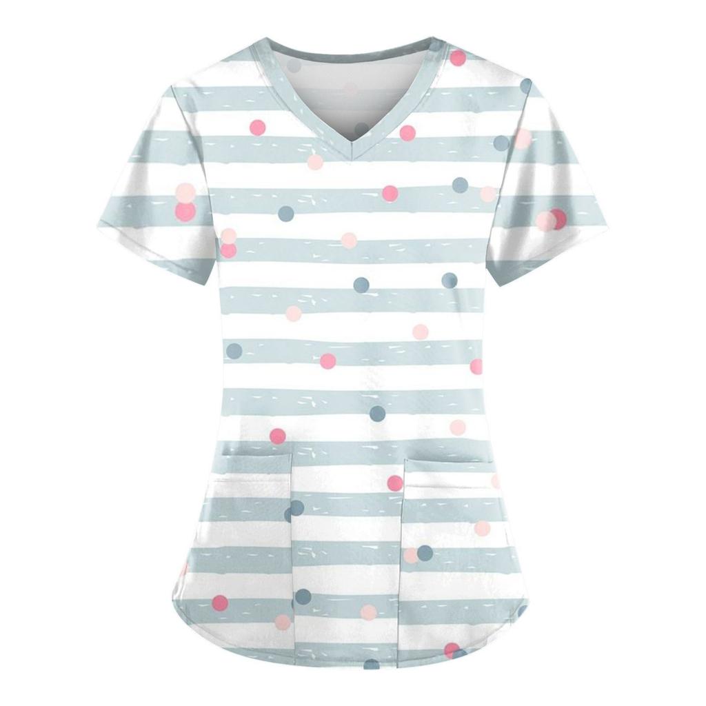 Женская мода с v-образным вырезом, короткими рукавами и карманами, топы с принтом