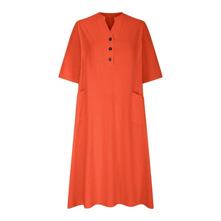 Повседневное Удобное Женское Платье Свободного Кроя с V-образным Вырезом и Полурукавом из Хлопка и Льна Средней Длины с Тремя Пуговицами и Карманом