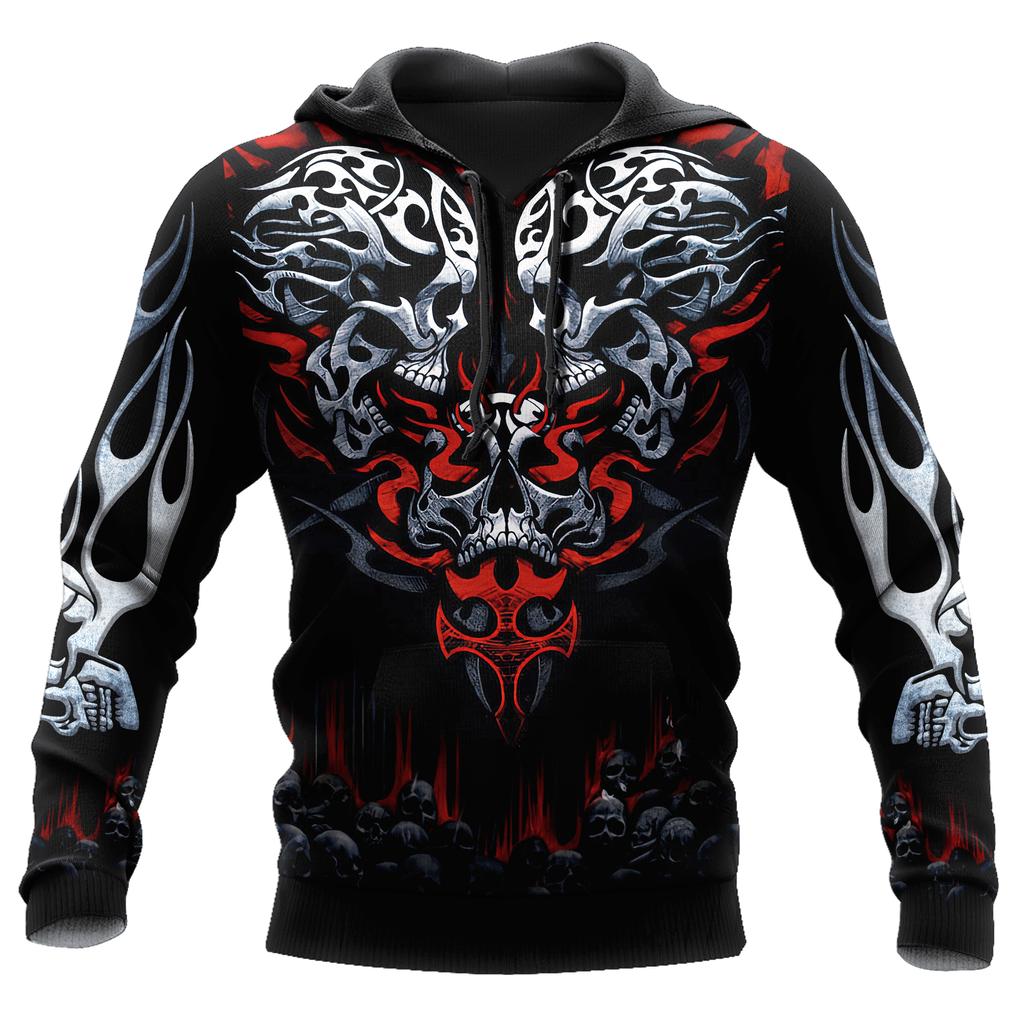 Oversized Tattoo Skeleton Cross Terror Red 3D Printed Men's Hoodie Sweatshirt Casual Tracksuits Raven Bad Wolf Animal Clothing