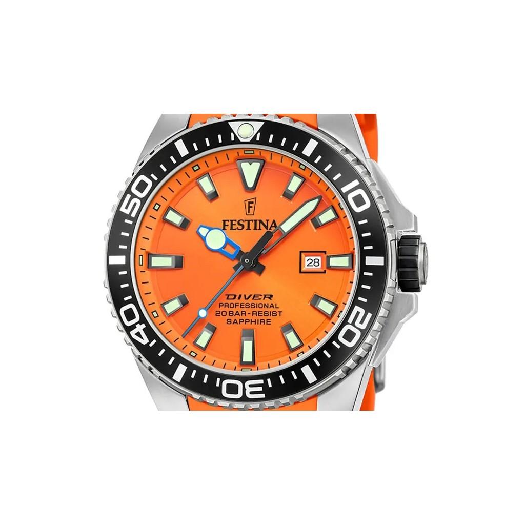 FESTINA Кварцевые мужские часы Diver с резиновым ремешком с оранжевым циферблатом F20664-4 200M