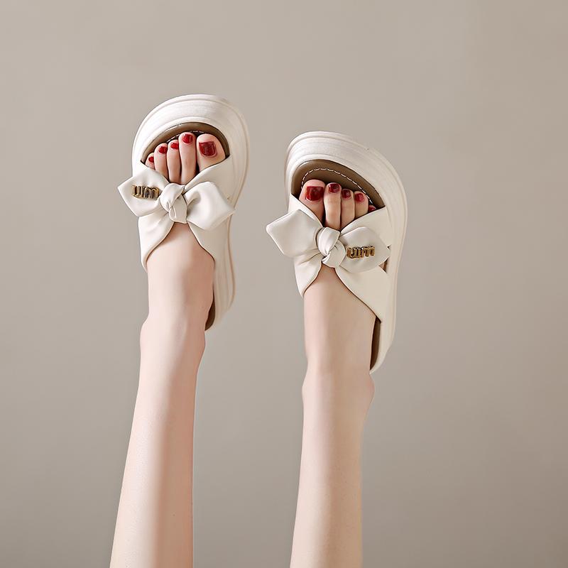 Женские милые тапочки с бантом, летние уличные нарядные с открытым носком, повседневные сандалии на толстой подошве для девочек, сандалии на платформе, большие размеры