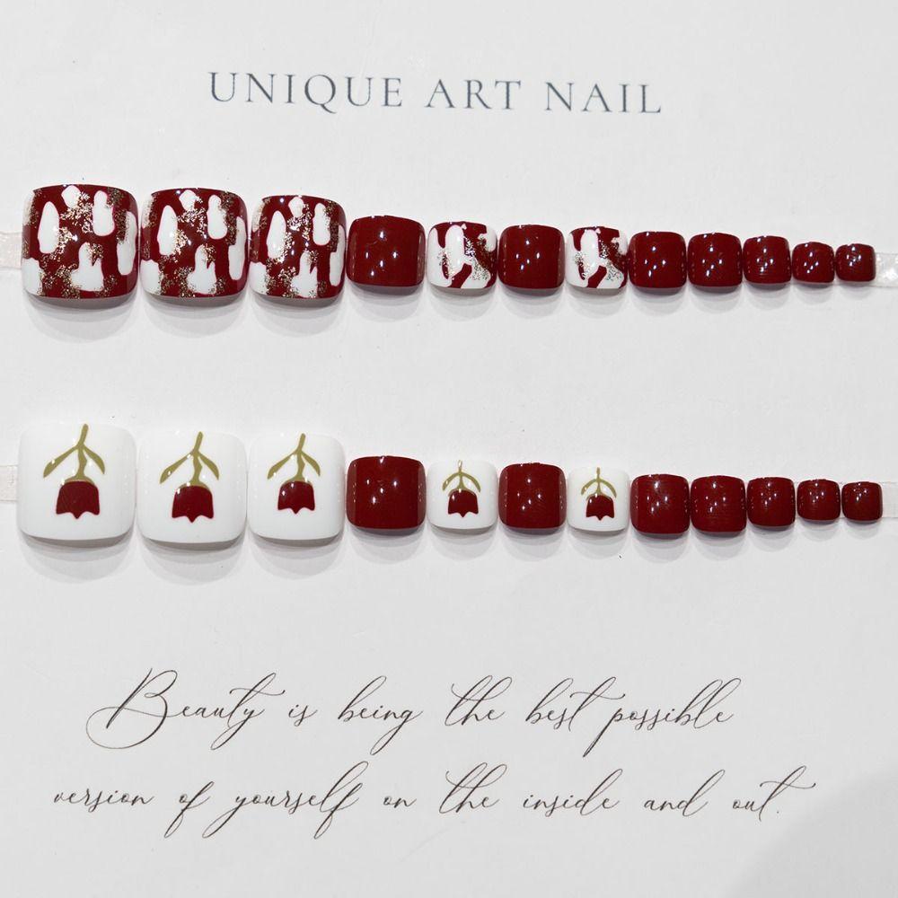 French Toe Nails Red Rose Foot Nails Nail Tips Fake Toenails for Women Girl