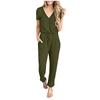Women’s Sexy Deep V-Neck Short Sleeve Wrap Drawstring Waist Jumpsuit Romper With Pockets