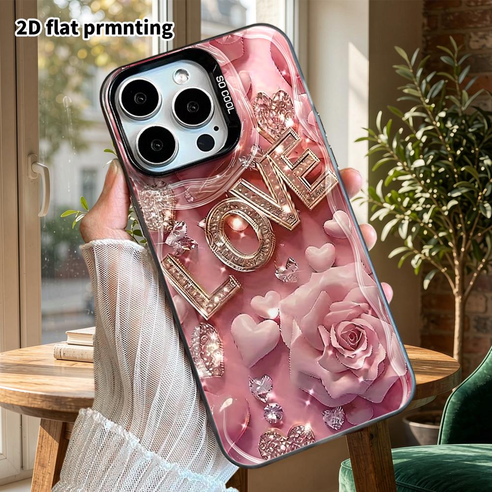 Phone Case: 2D flat design, suitable for iPhone 18 17 16 15 14 13Pro in color silver protective case, couple style, LOVE rose gem, Christmas and Hallo