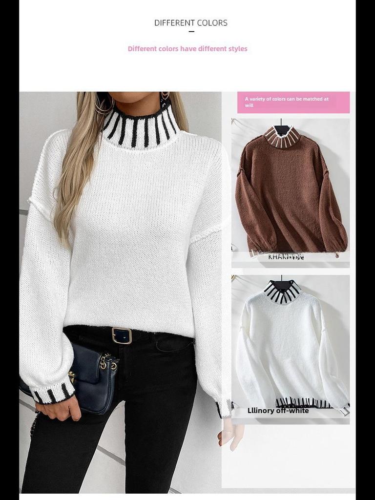 Женский свитер-пуловер с высоким воротником в стиле ретро 2024 года в стиле колор-блок — европейский и американский стиль для осени/зимы
