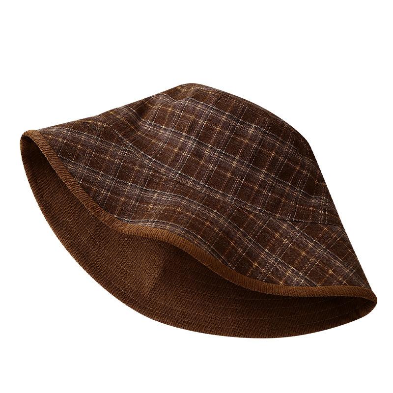 Double-sided plaid denim bucket hat women's autumn and winter retro washbasin hat big head circumference sun hat