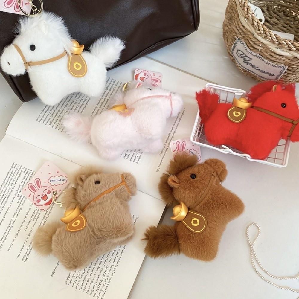 Creative Plush Horse Keychain Cute Stuffed Animal Keyring Yuanbao Pony Pendant Car Decoration