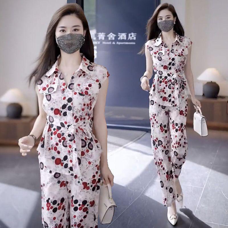 Повседневный женский костюм, летний темперамент, модный костюм в стиле вестерн с короткими рукавами и широкими брюками, состоящий из двух частей