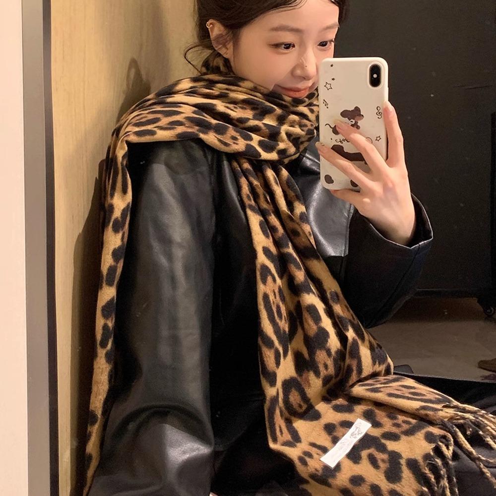 Сладкий Прохладный Шарф с Леопардовым Узором Ретро Шерстяная Шаль Элегантные Шарфы с Кисточками Мужской