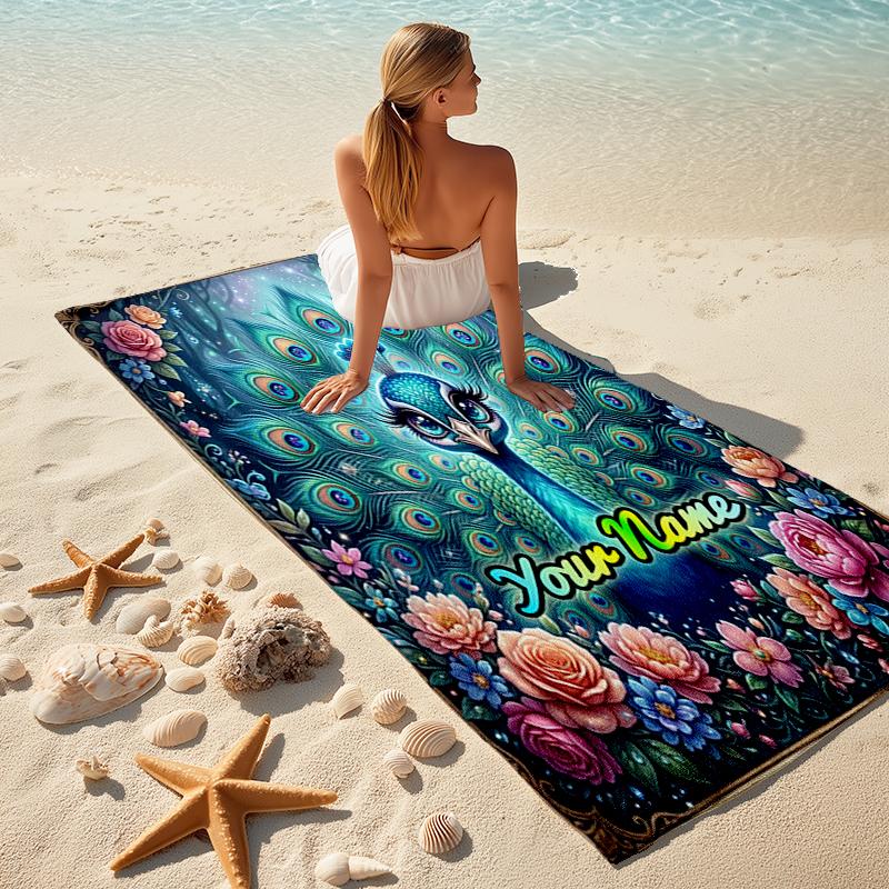 1PC Custom Name Peacock Floral Fantasy Beach Towel Highly Absorbent And Sand-Resistant Towel for Swimming, Pool, Yoga, And Travel Lightweight