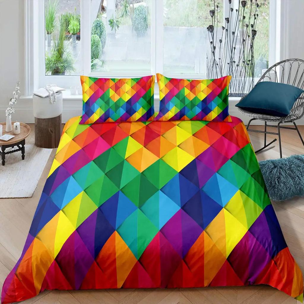 Red Glowing Polygonal Grid Pattern Bedding Set 135×200 Duvet Cover Set with Pillowcase 260×220 Quilt Cover Black Blanket Cover