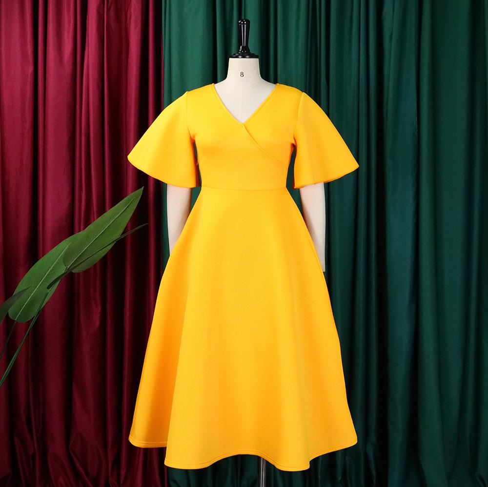 Летнее женское платье больших размеров с расклешенными рукавами и v-образным вырезом, модное темпераментное платье с большой юбкой и подолом