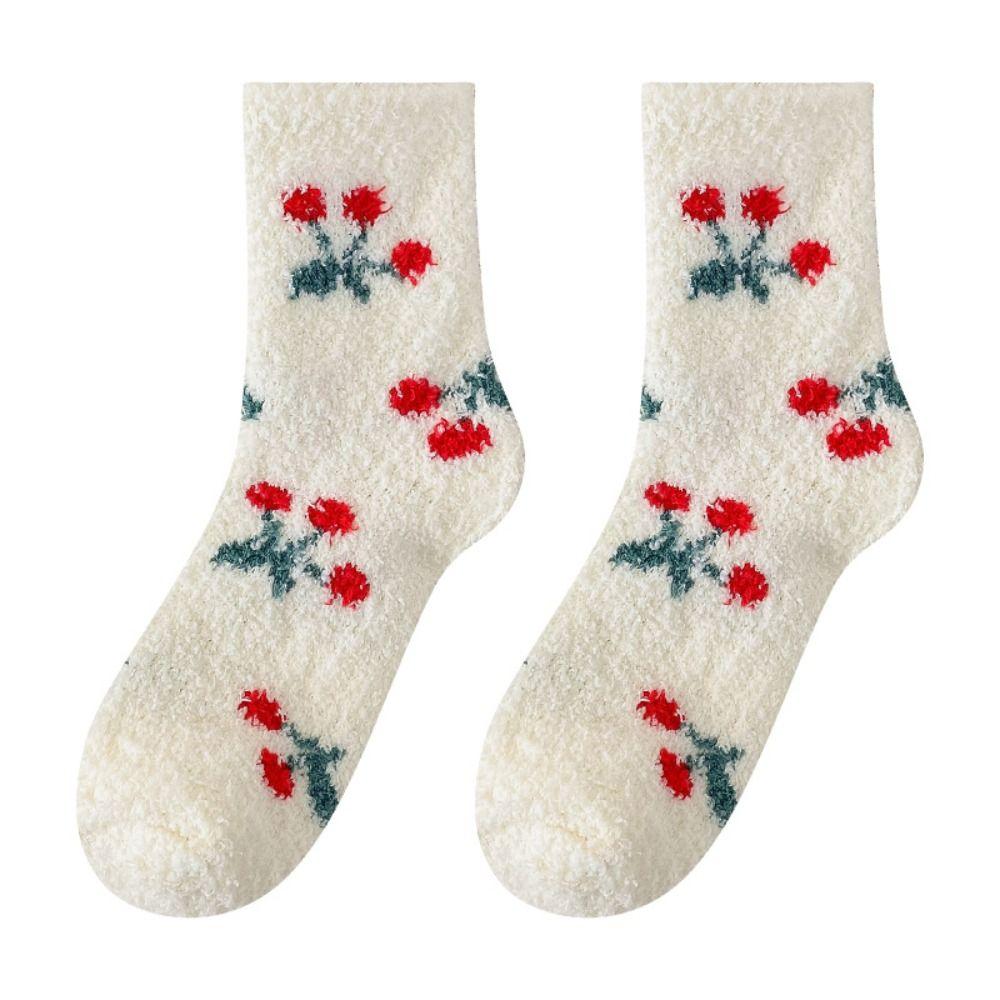 Flower Strawberry Floor Plush Socks Thickened Warm Socks Women Cute Coral Fleece Socks  Autumn