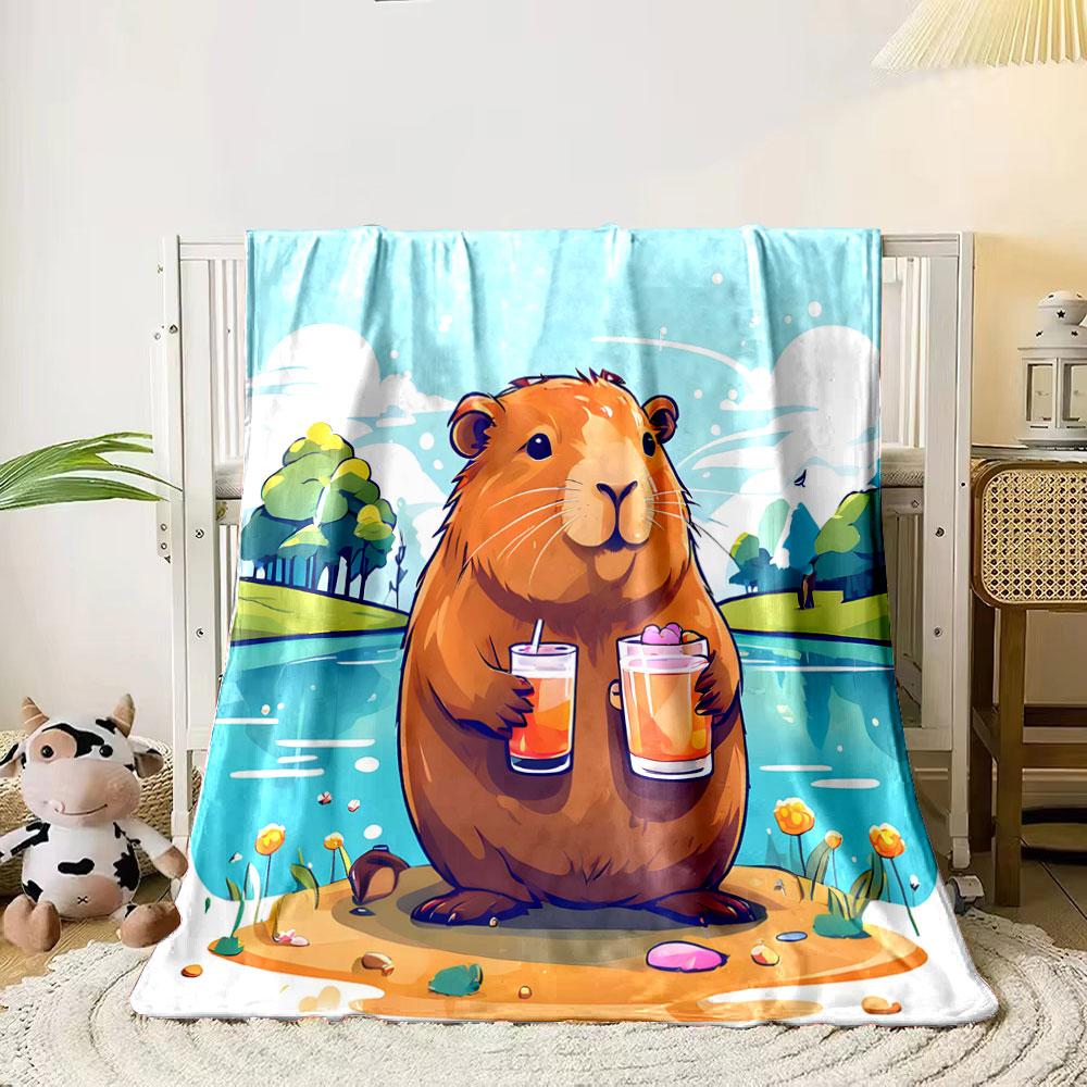A cheerful guinea pig holding two drinks by a lake in a colorful setting. for all seasons blanket lunch break throw gift