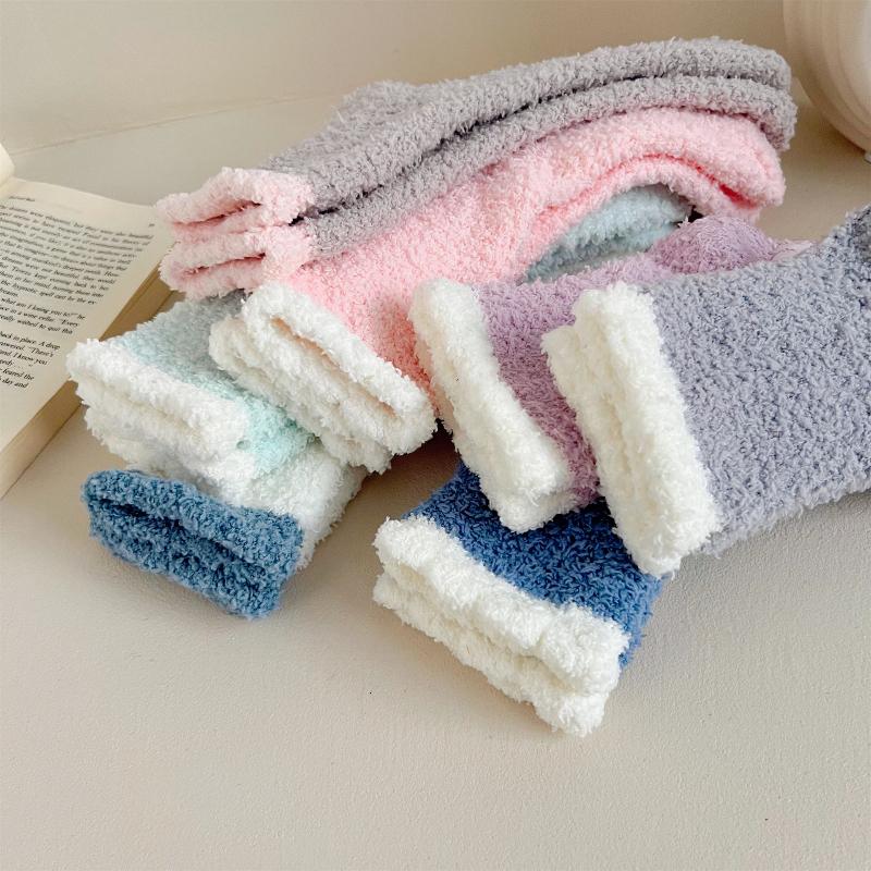 6 Pairs Women's Non-Slip Thermal Fleece Socks Winter Thick Floor Socks Solid Color Mix Soft Polyester One Size Color As Same As The Picture