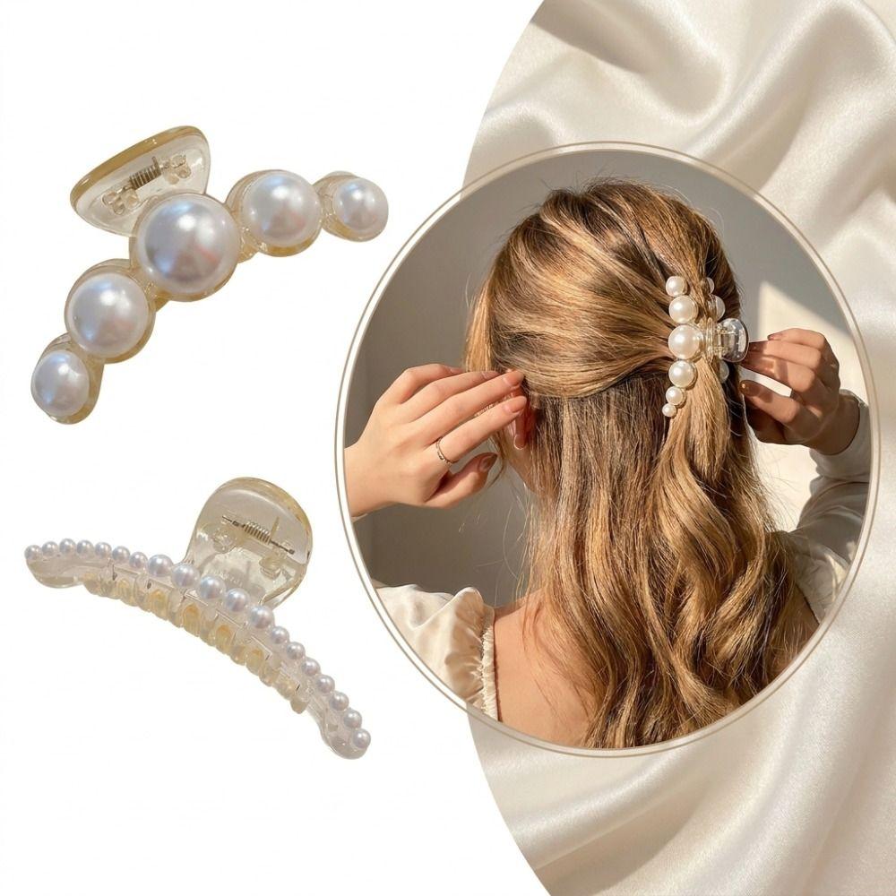 Big Size Pearl Hair Claw Pearl Decor Hairpin Elegant Shark Clip Daily Styling
