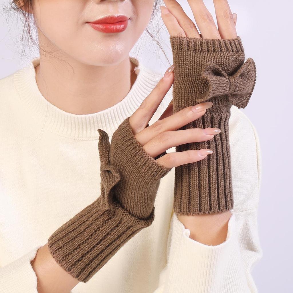 New Autumn and Winter Women's Bow Cute Fashion Gloves Knitted Warm Half Finger Fingerless Gloves