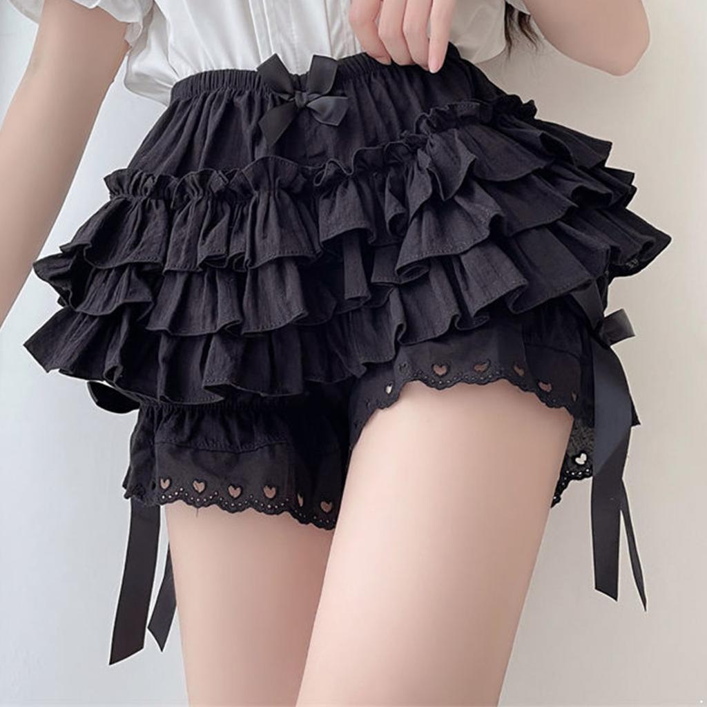 Lolita Shorts Womens Cute Lace Trim Layered Ruffle Bloomers Short Bowknot Decor Frilly Panties