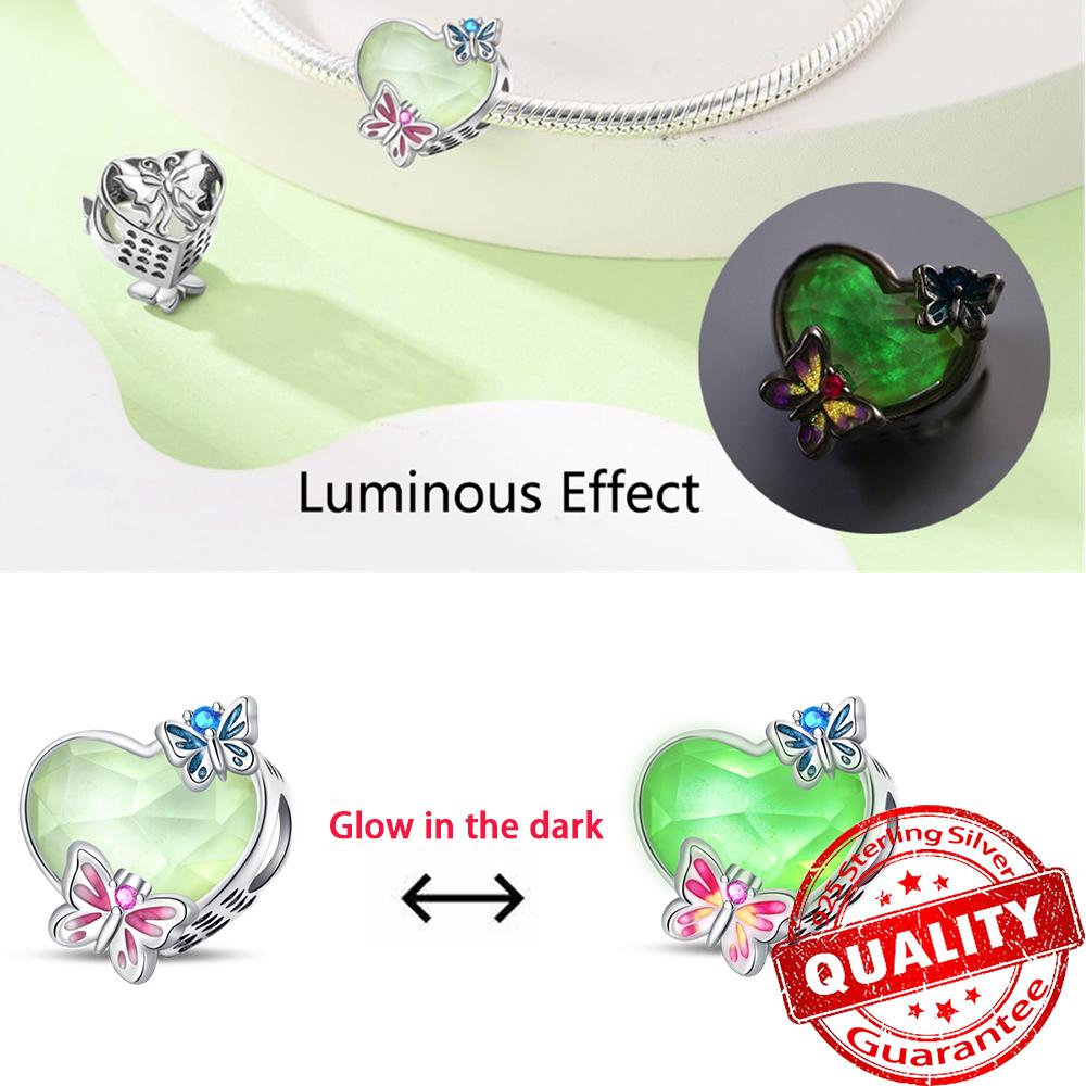 Original 925 Sterling copper Glow-in-the-dark Green Zircon Heart Butterfly & Spinning Ball Dangle Charm Fits Original Bracelet