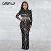 Fashion Evening Gown Women's Mesh Drill See Through Long Sleeve Long Skirt Two Piece Set