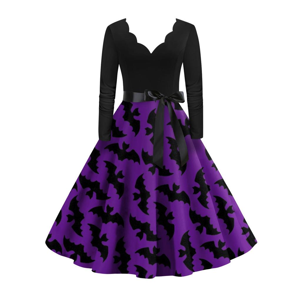 Women's Vintage Classic Dress Long Sleeve Halloween Print V-neck Swing Dress