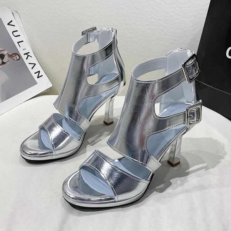 Мода 2024 года, лето, новая женская мода, пряжка ремня, выемка, высокие каблуки, молния сзади, открытый носок, тонкий каблук, римские сандалии