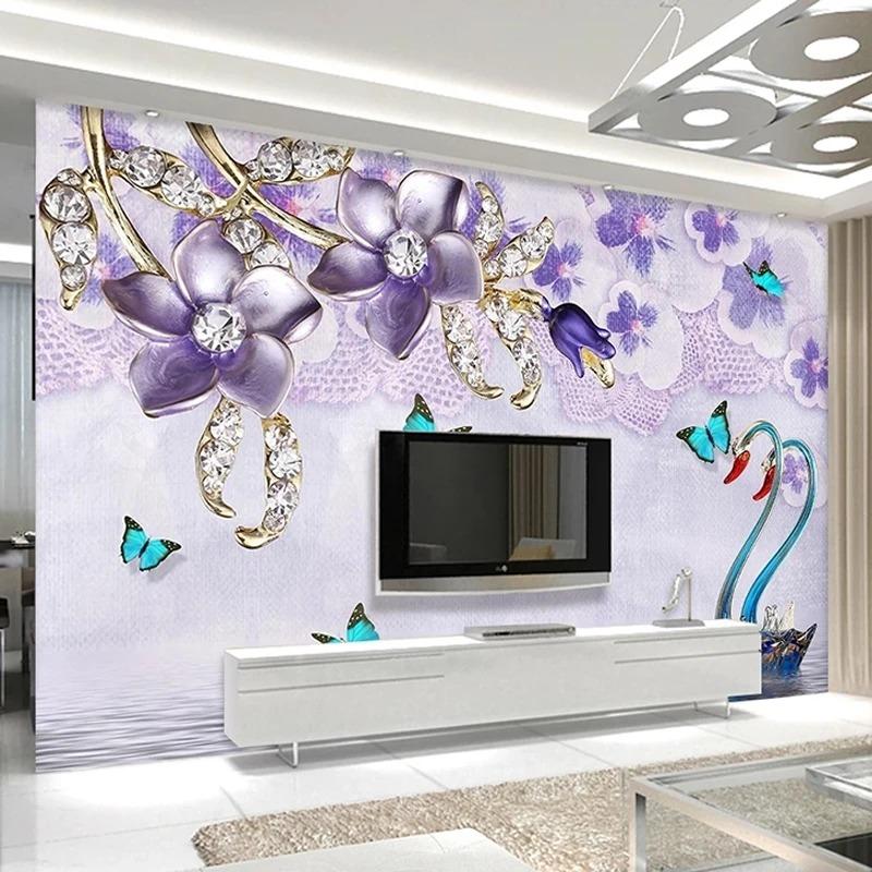 Настенные обои 3d Роскошный лебедь Цветок Ювелирные изделия Настенная живопись Гостиная Телевизор Диван Спальня Домашний декор Обои
