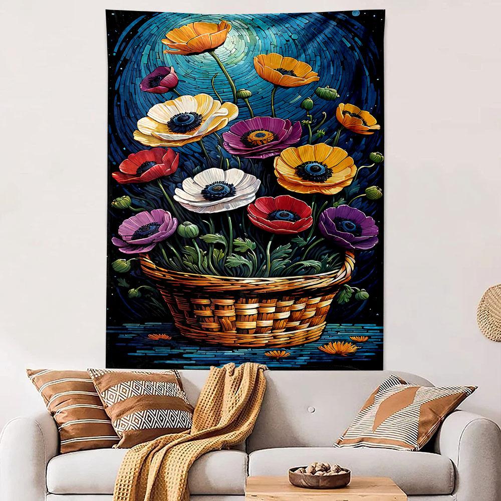 "Vibrant Flowers in Wicker Basket Design" Patterned tapestry home decor, suitable for bedroom and living room, gift