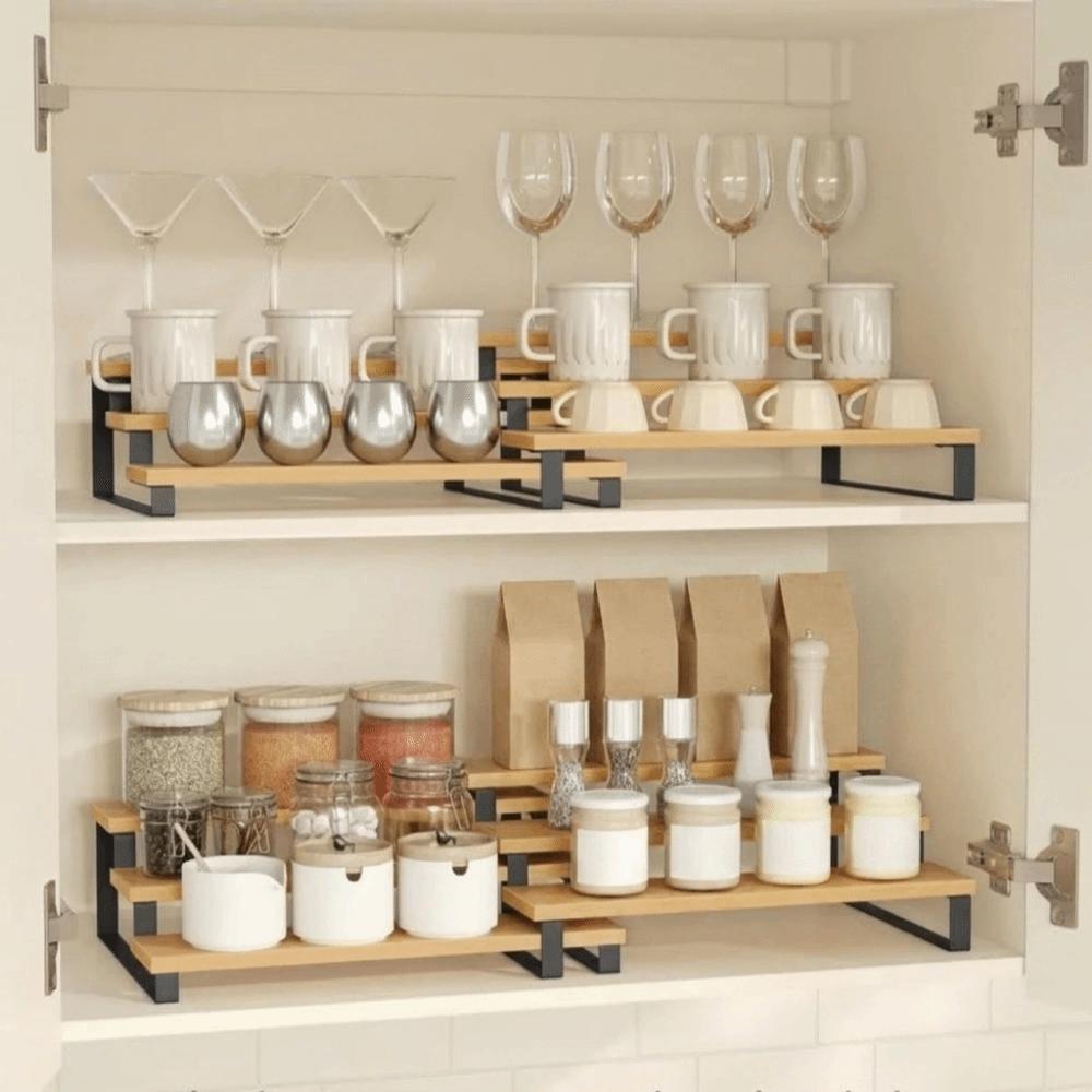 Large Capacity Expandable Step Storage Rack Bamboo Model Display Stand For Kitchen