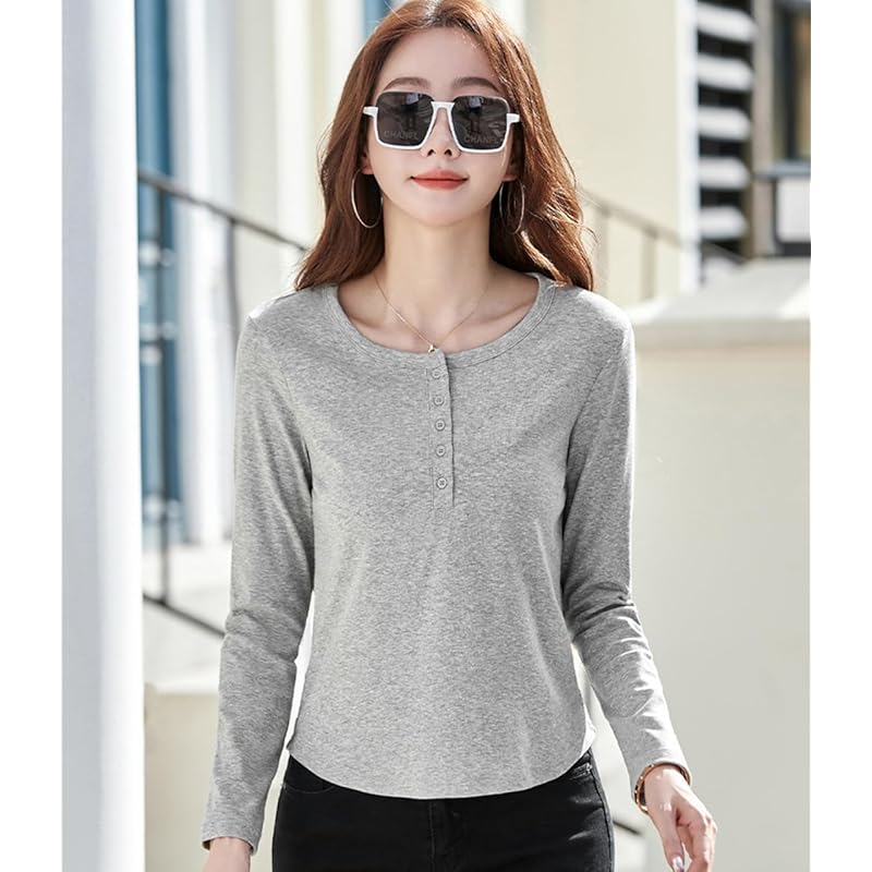 [JHIJSC] t-shirt ladies long sleeve spring cotton tight Plain color Fashionable cute big size (JP, alphabet, L, gray)