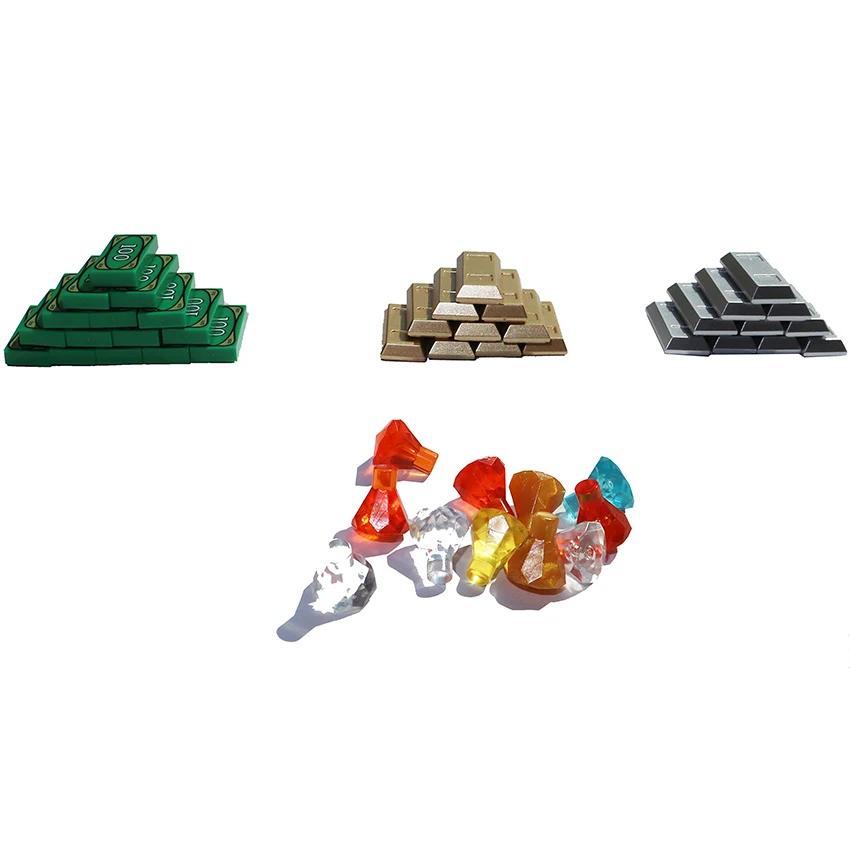 Нетоксичный строительный блок Город Сундук с сокровищами Шкатулка с драгоценностями Золото Серебро Алмаз Доллары Центы Монеты Наличные Кирпичи Аксессуар Печатный Moc Игрушка