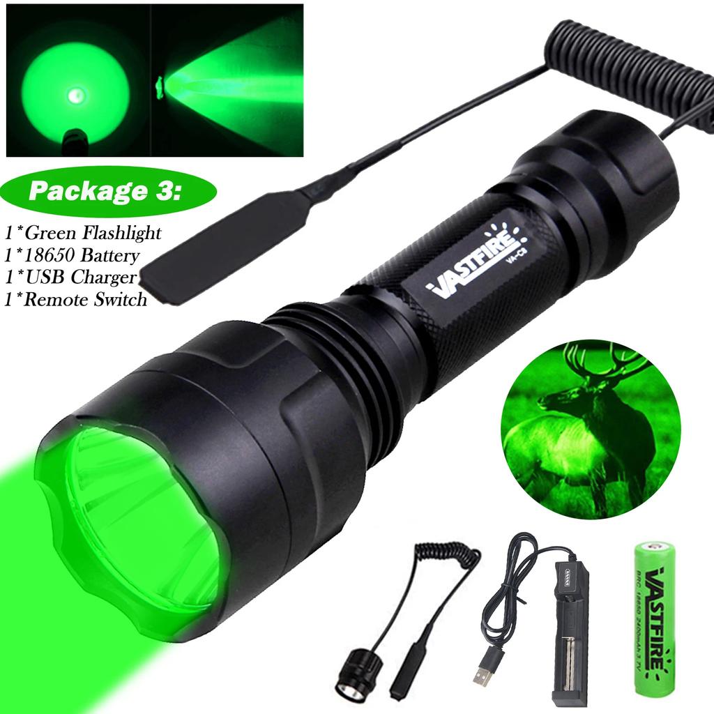 LED Tactical Hunting Flashlight Green/Red/White Torch USB Rechargeable 350LM 600-800 Yards Range C8 Shooting Scout Lights Set