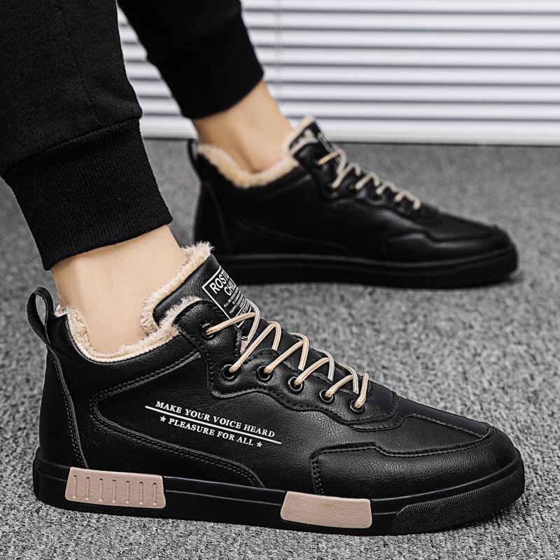 Теплые зимние трендовые мужские высокие хлопковые кроссовки для студентов, повседневная обувь для прогулок и бега, скейтборд, кожаные ботинки