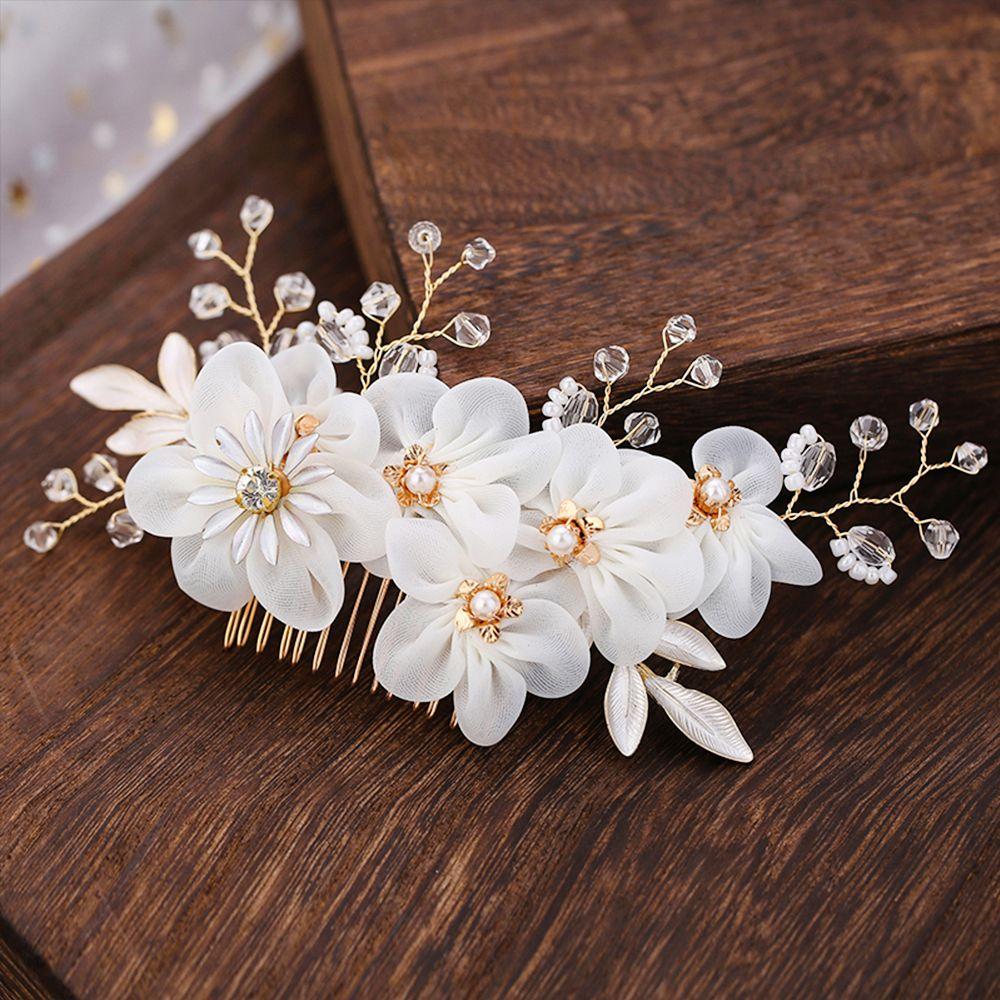 Fashion White Flower Pearl Crystal Bridesmaid Tiara Hair Combs Bridal Clips Flower Hair Pin