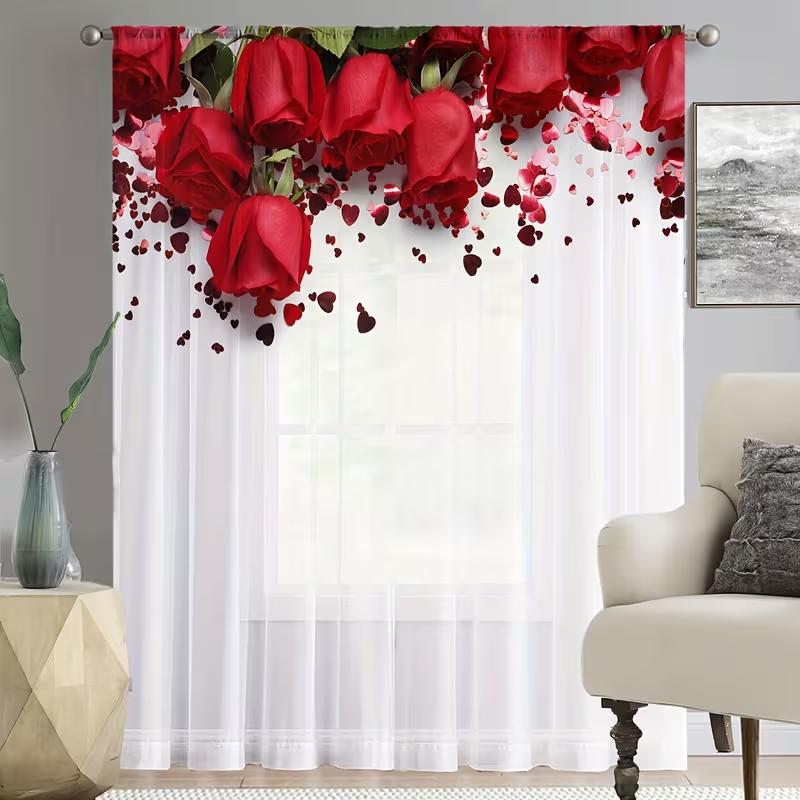 2 шт. Красная роза сердце лепесток прозрачные шторы романтический принт на День святого Валентина светофильтрующие драпировки милый домашний декор для спальни гостиной