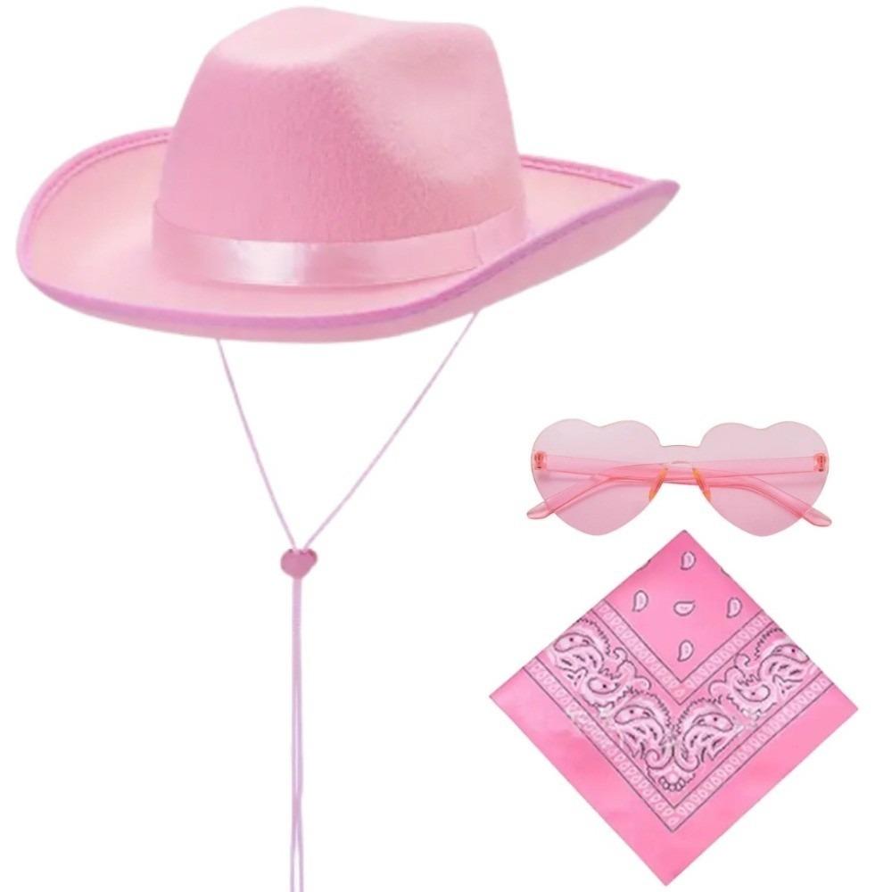 Fluffy Trim Bandana Heart-Shaped Glasses Pink Halloween Costume Accessories Set Cowboy Hat Women